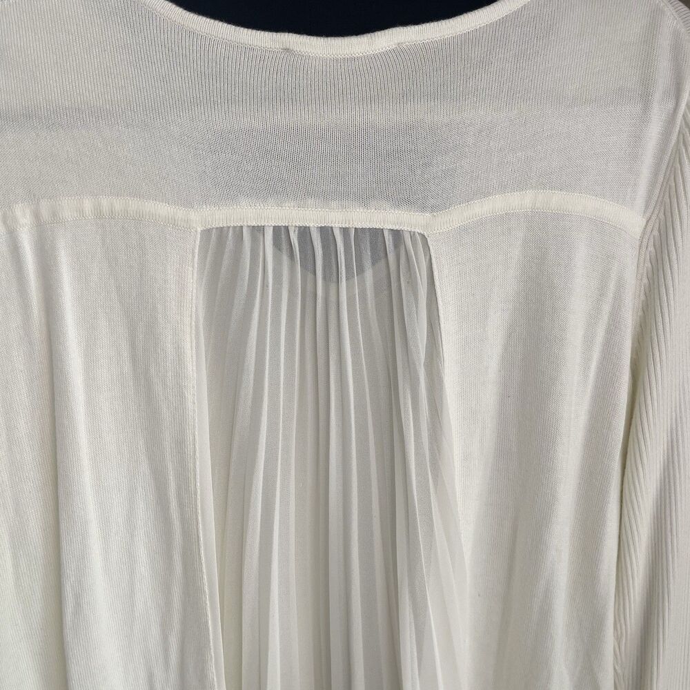 Elie Tahari cream V Neck Knit Hi Low sweater Tunic Sheer pleated back L - Picture 4 of 10